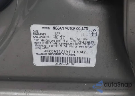 2000 Infiniti I30 Luxury/Touring z USA, uszkodzony, nr VIN JNKCA31A1YT117842